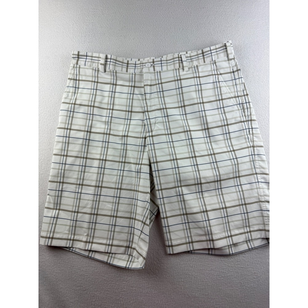 Nike Golf Dri-FIT Mens Plaid Shorts White Tan Navy Size 36 Stretch Performance